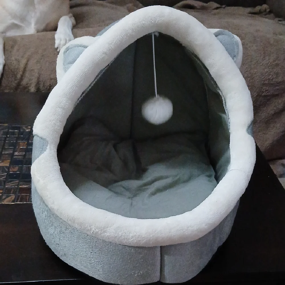 Cozy Gray and White Cat Dome Bed with Plush Trim